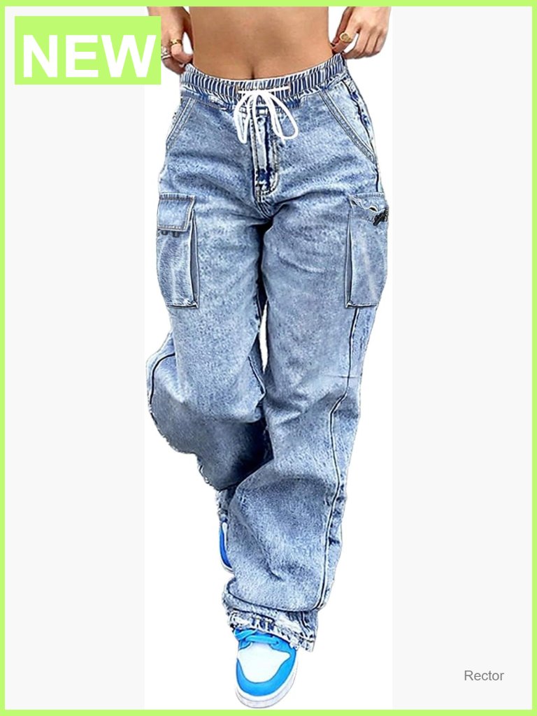 Mid Rise Wide Leg Cargo Jeans With Elastic Waist Stretch Pockets